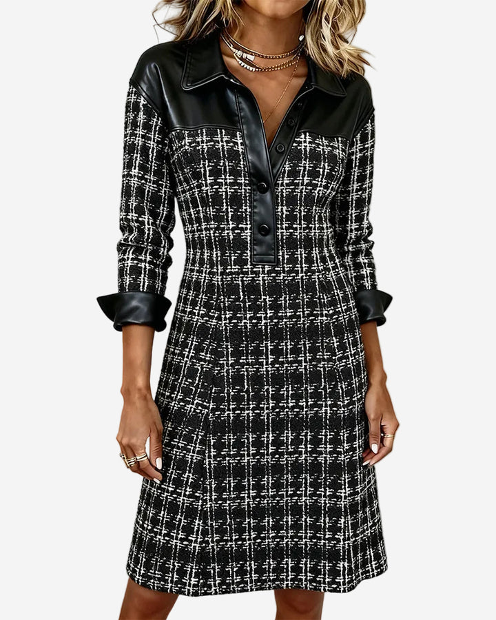 Fiora - Classic Houndstooth A-Line Midi Dress with Soft Faux-Leather Trim