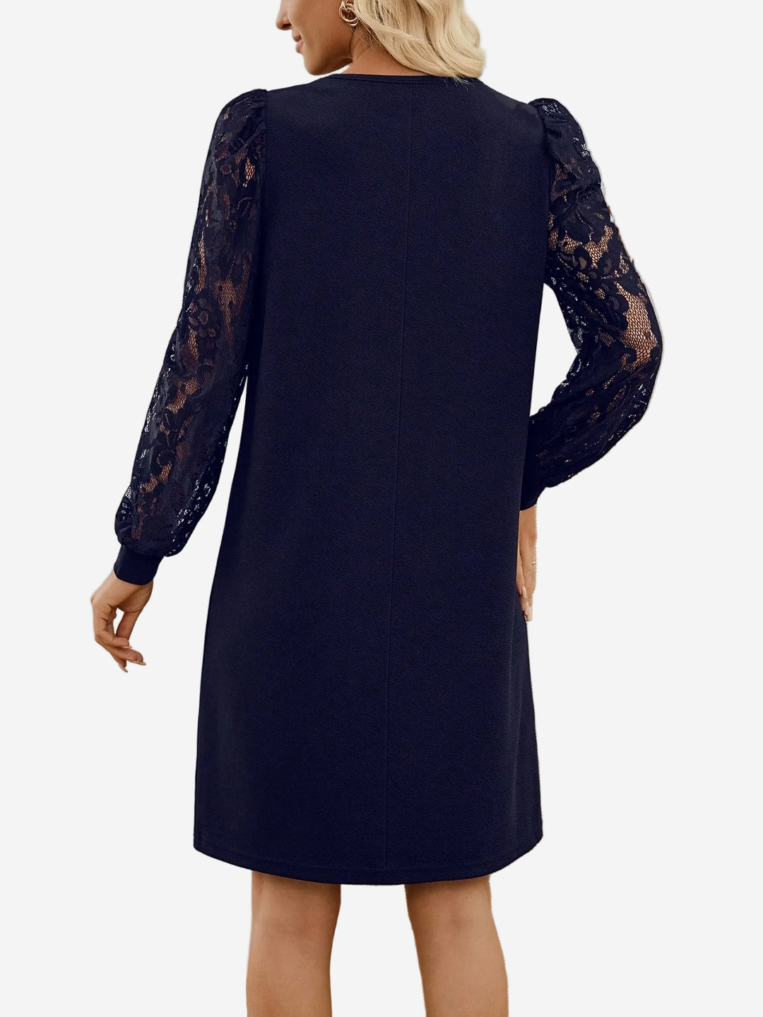 Carissa - Crew Neck Mini Dress with Sheer Floral Lace Sleeves