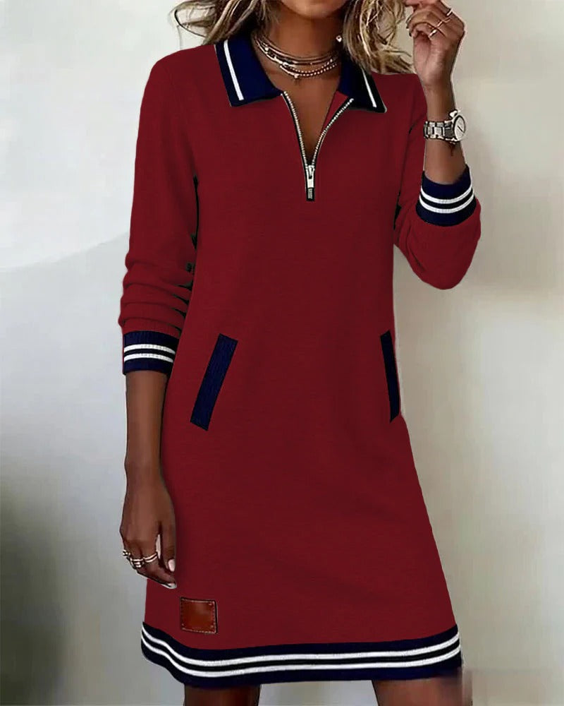 Vespera - Classic Long Sleeve Polo Tunic Dress with Pockets