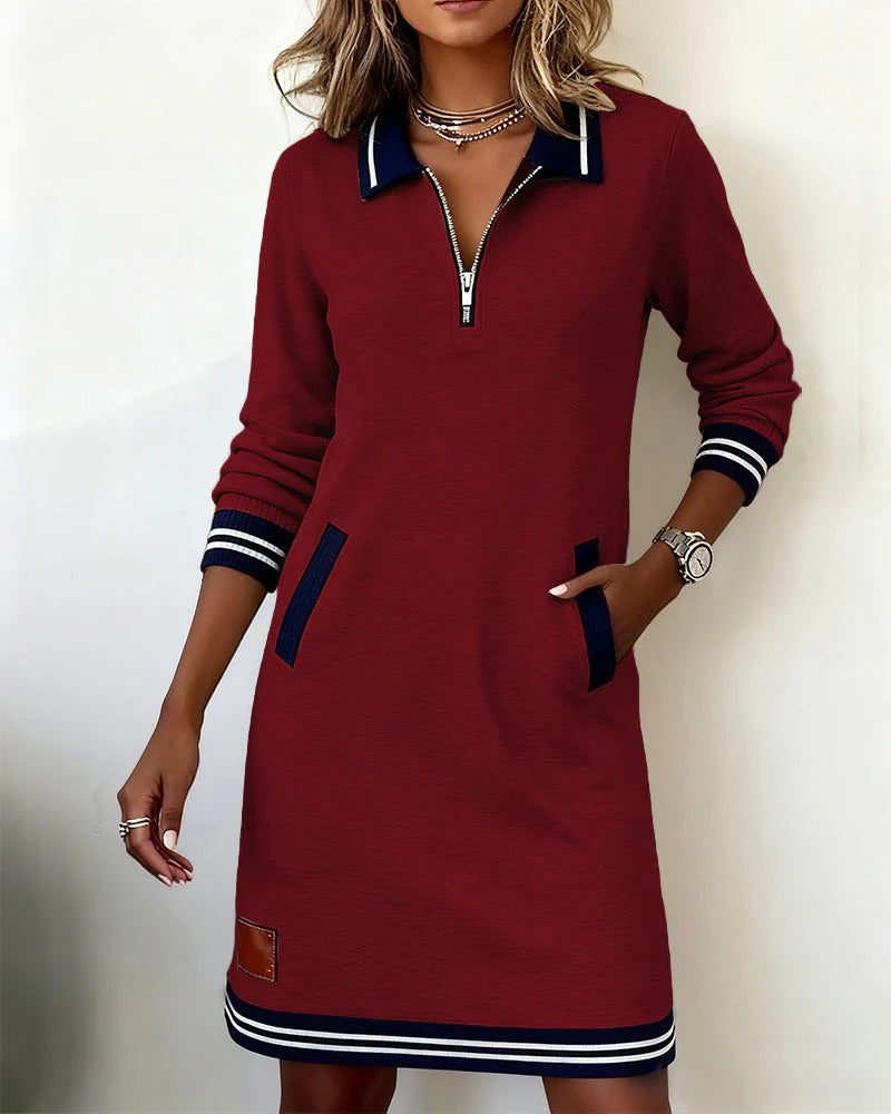 Vespera - Classic Long Sleeve Polo Tunic Dress with Pockets