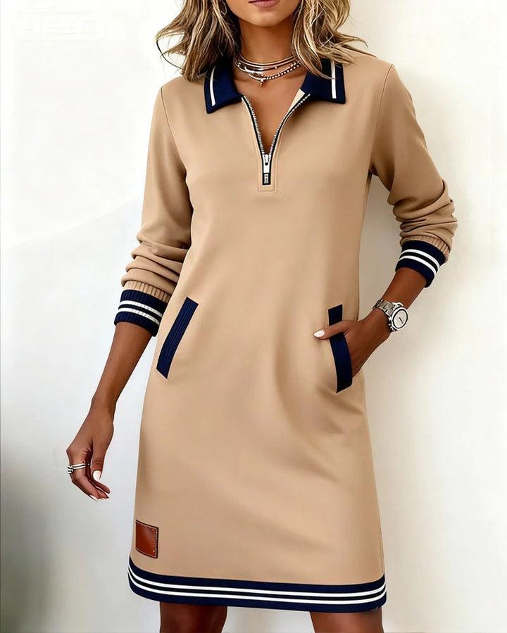 Vespera - Classic Long Sleeve Polo Tunic Dress with Pockets