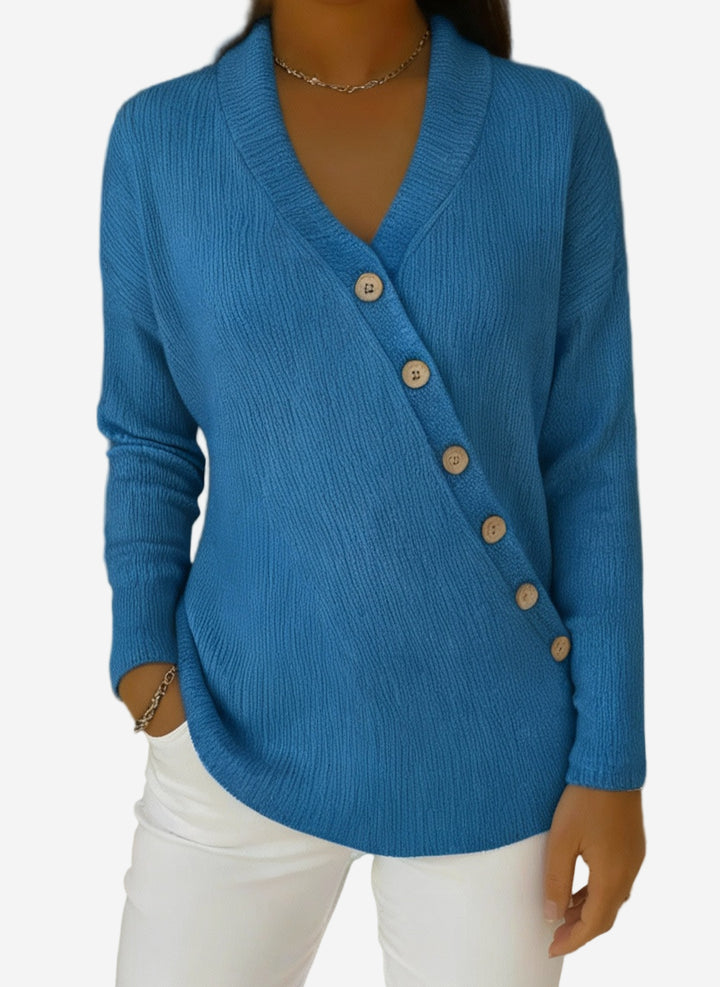 Marcella - V-Neck Ribbed Knit Sweater with Asymmetrical Button Detail