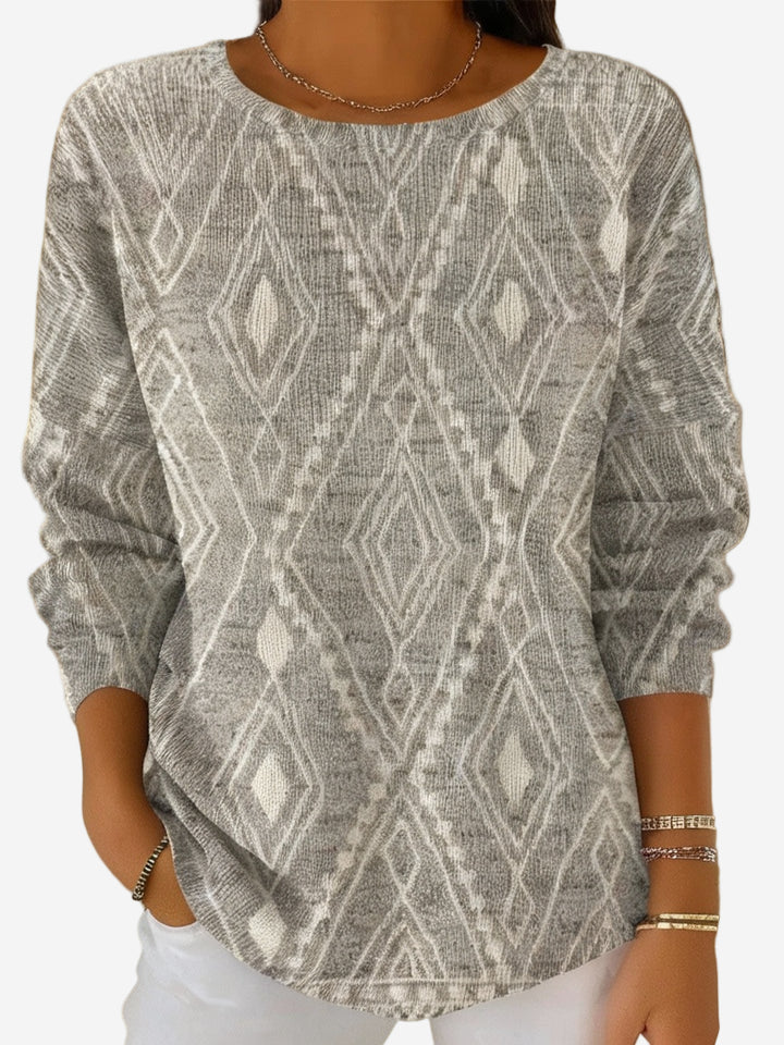 Dalila - Easy-Fit Long Sleeve Grey & White Diamond Print Sweater