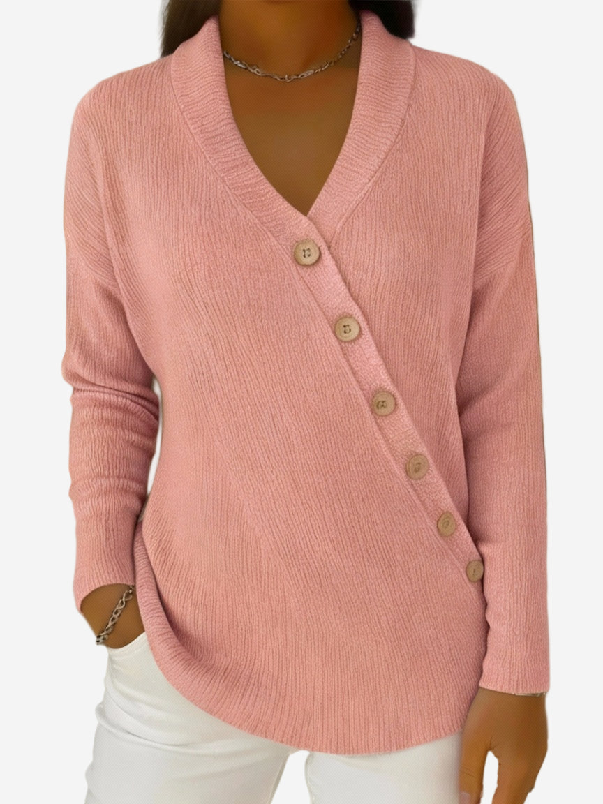 Marcella - V-Neck Ribbed Knit Sweater with Asymmetrical Button Detail